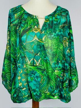 Jennifer Lopez Surplice Top Sz XL Green Sheer Split Dolman Sleeve Resort Summer